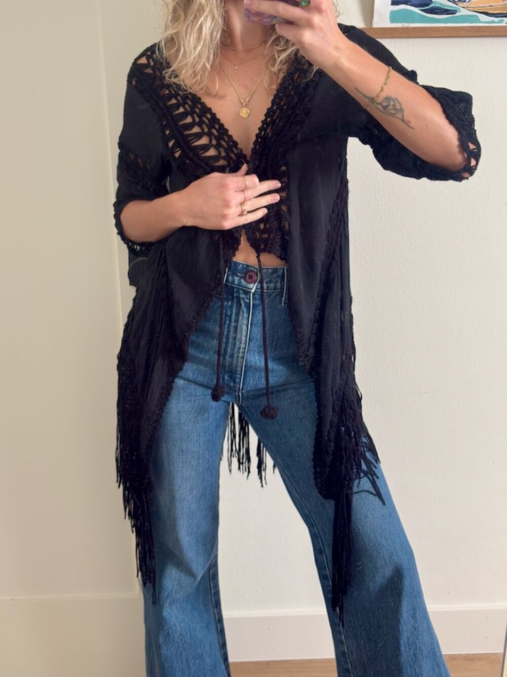 Vintage Black Macramé Fringe Top Boho 70s Stevie Nicks Style